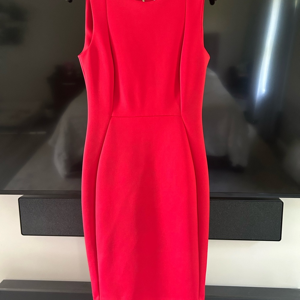 Calvin Klein Red V-Neck Sheath Midi Dress